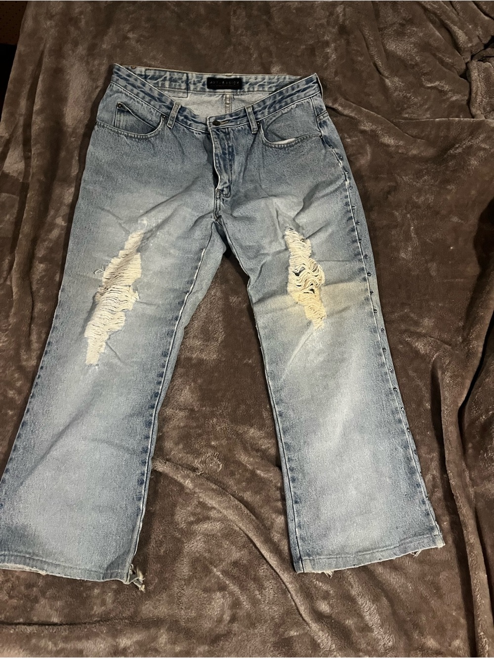 Y2K Distressed Studded Wide Leg Jeans Light Wash Raw Hem Size 14